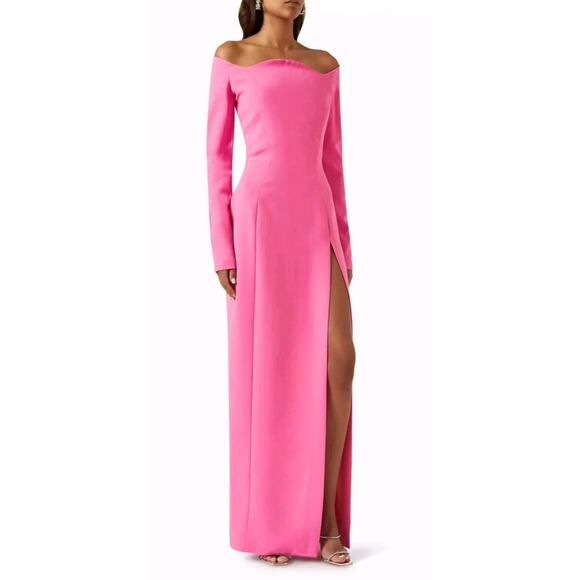 $1400 Monot Off Shoulder Fuchsia Pink Long Sleeve Maxi Dress Sz M - Picture 16 of 16